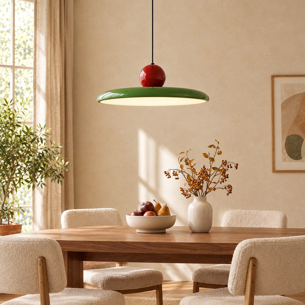 Green saucer pendant light with red sphere above a wooden dining table