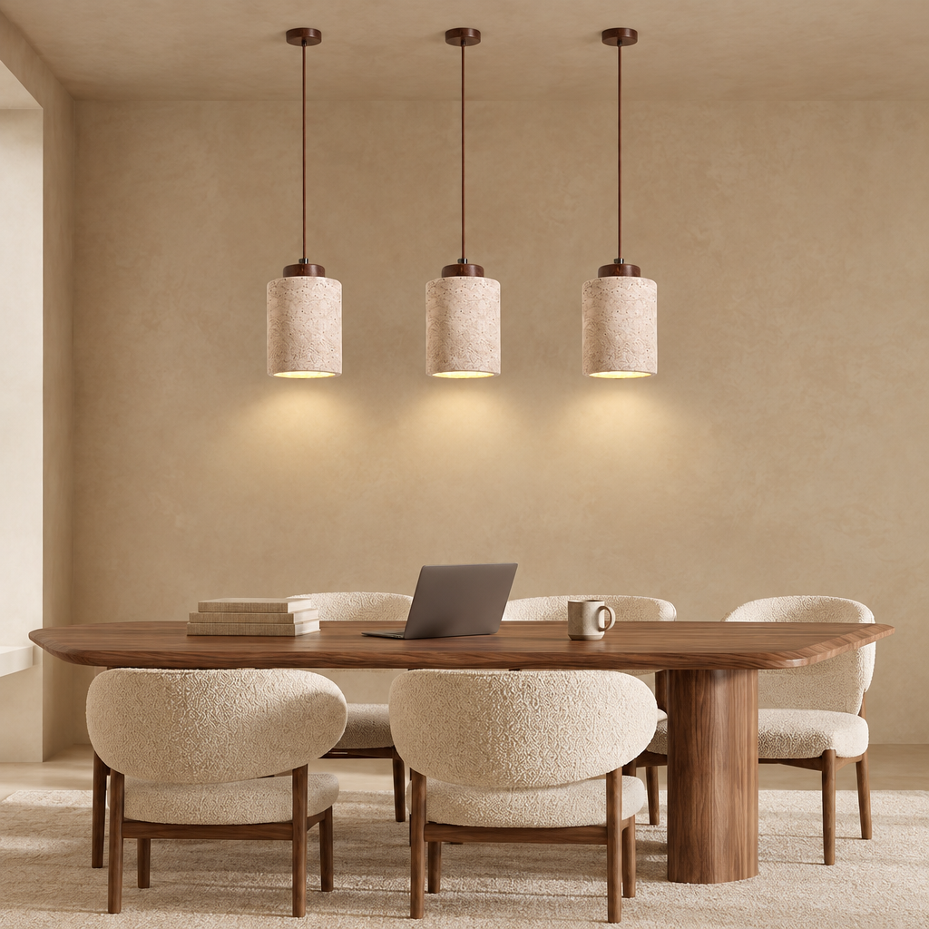 Three travertine pendant lights hanging above a walnut dining table with boucle chairs