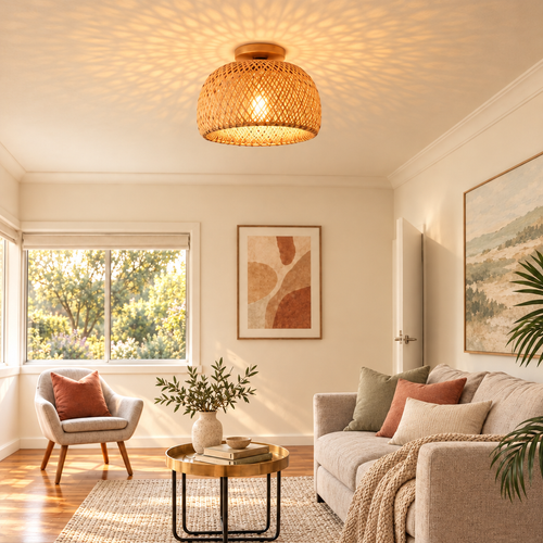 Woven bamboo dome ceiling light glowing in a calm living room