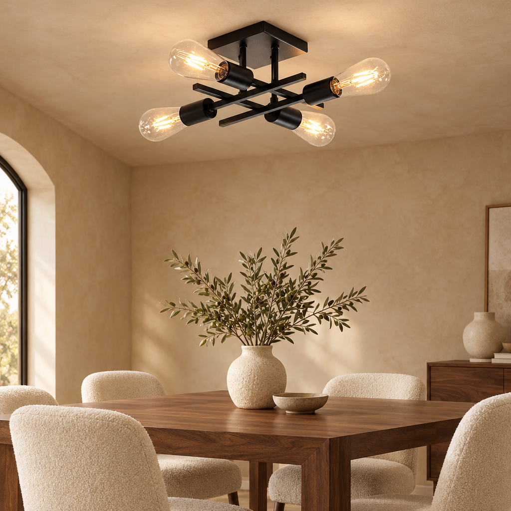 Industrial 4-light ceiling light above a walnut dining table with boucle chairs