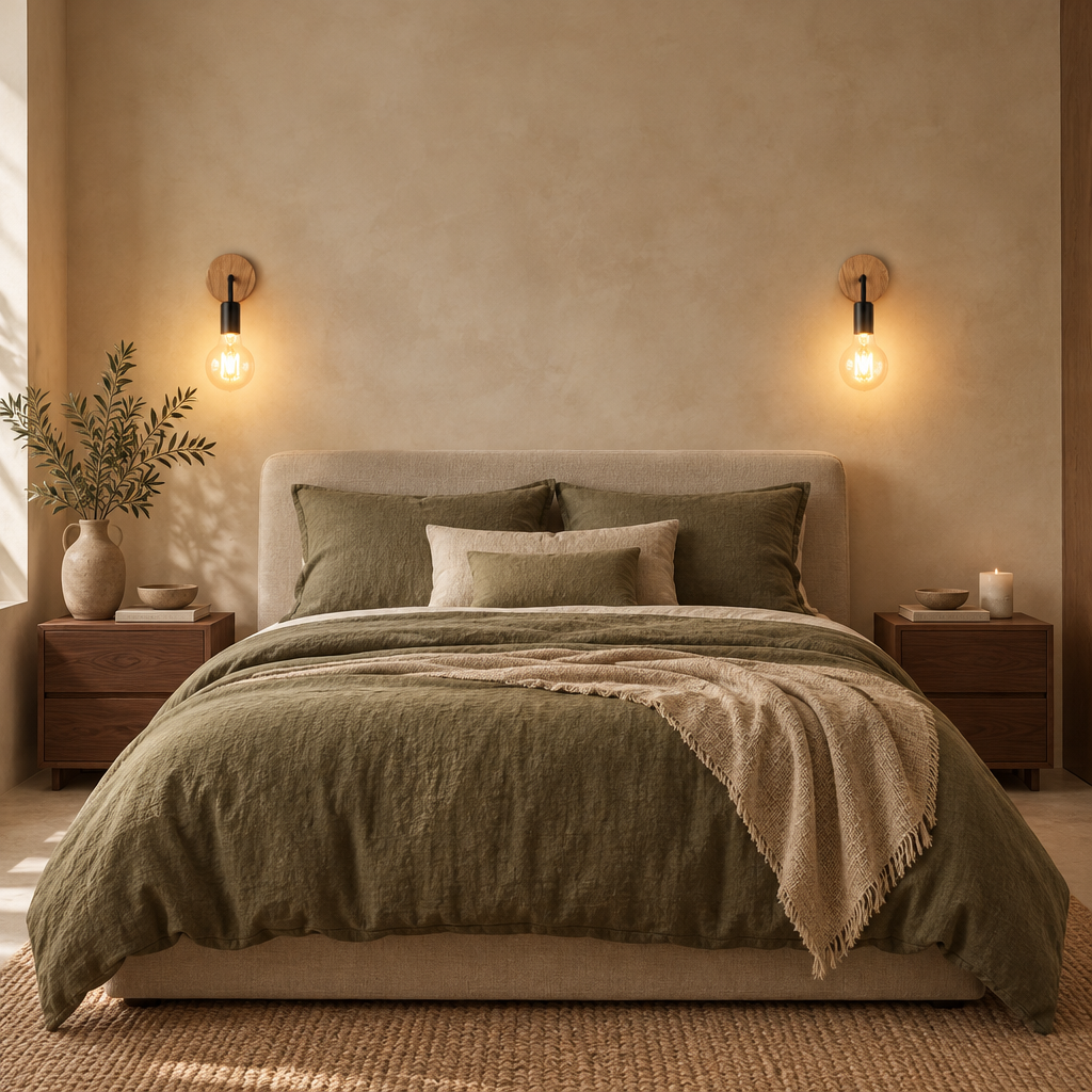 Pair of wooden wall lights either side of a bed with olive green linen bedding