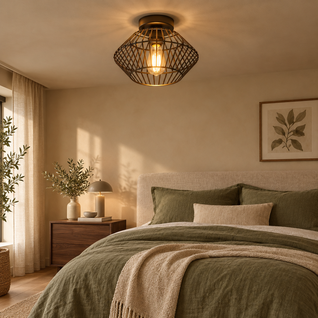 Black geometric cage ceiling light in a calm bedroom with olive green linen bedding