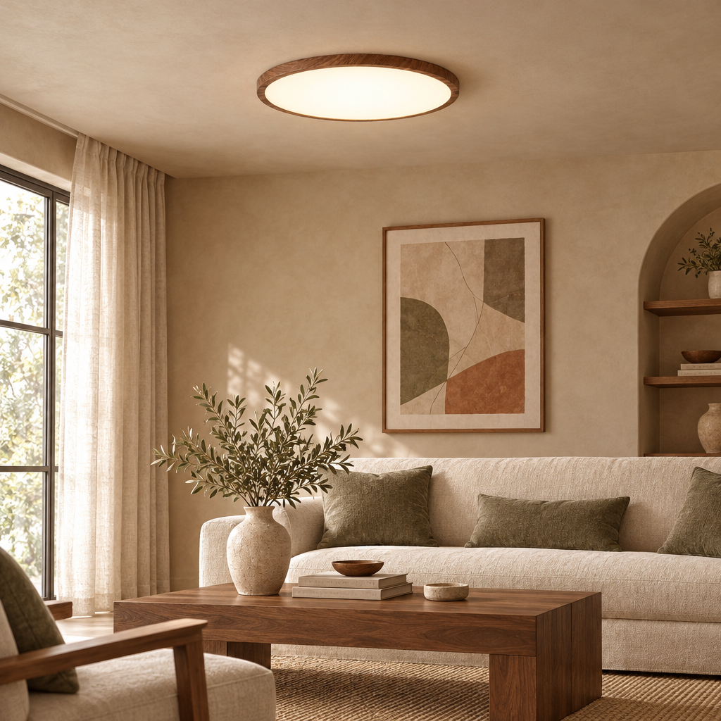 Ultra-slim walnut LED ceiling light in a warm beige living room with linen sofa