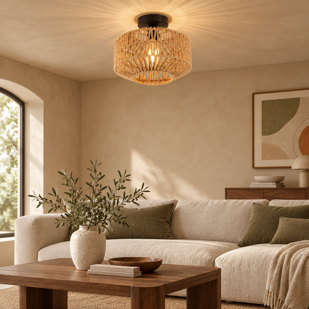 Woven rope ceiling light glowing above a linen sofa in a warm beige living room
