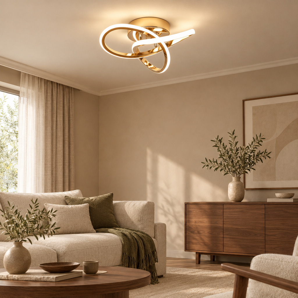 Gold knot LED ceiling light in a calm living room with linen sofa and walnut sideboard