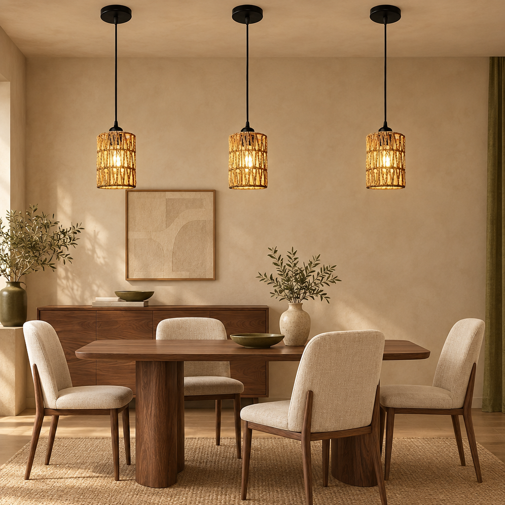 Three woven rattan cylinder pendant lights above a walnut dining table
