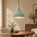 Teardrop pendant light in sage green with wooden top