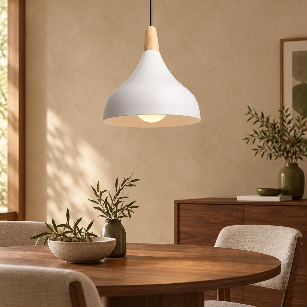 Teardrop pendant light in white with wooden top
