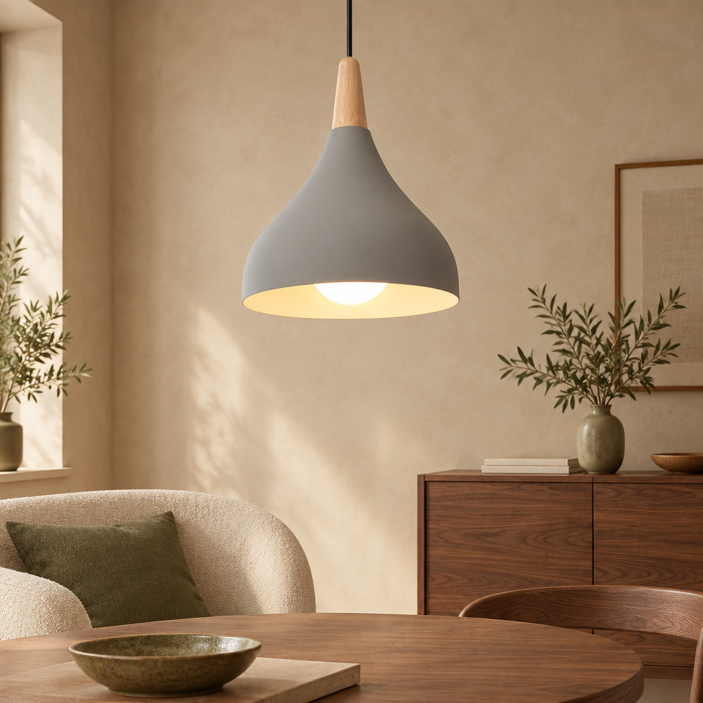 Teardrop pendant light in grey with wooden top
