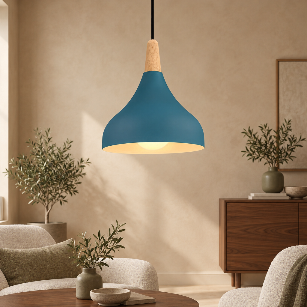 Teardrop pendant light in petrol blue with wooden top
