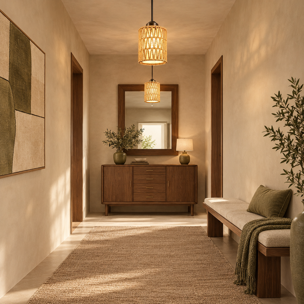 Three woven rattan cylinder pendant lights in a row in a warm hallway
