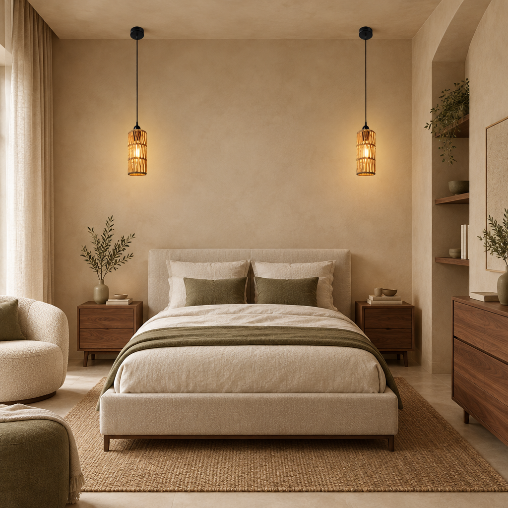 Woven rattan cylinder pendant lights glowing above the nightstands in a calm bedroom