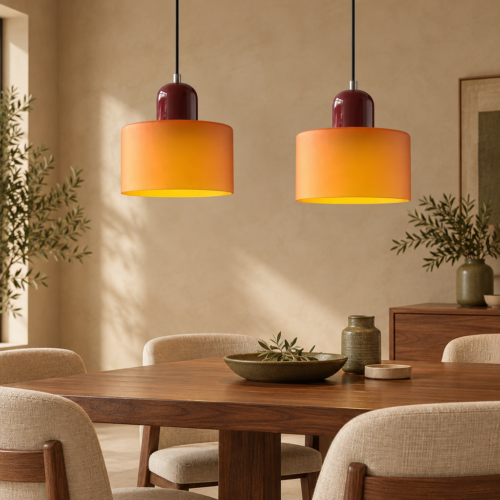 Amber glass pendant light with burgundy top