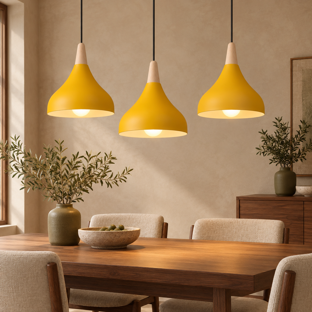 Teardrop pendant light in mustard yellow with wooden top