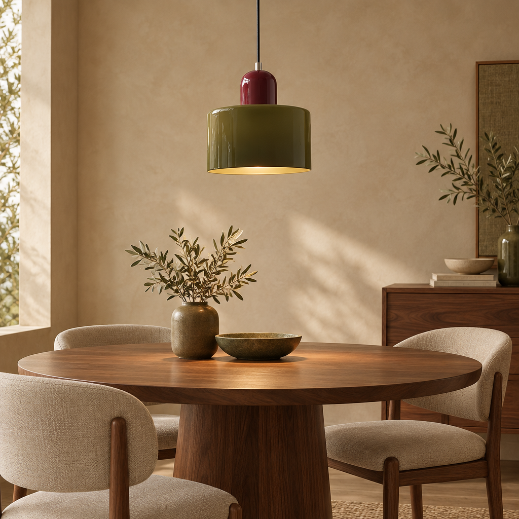 Olive glass pendant light with burgundy top