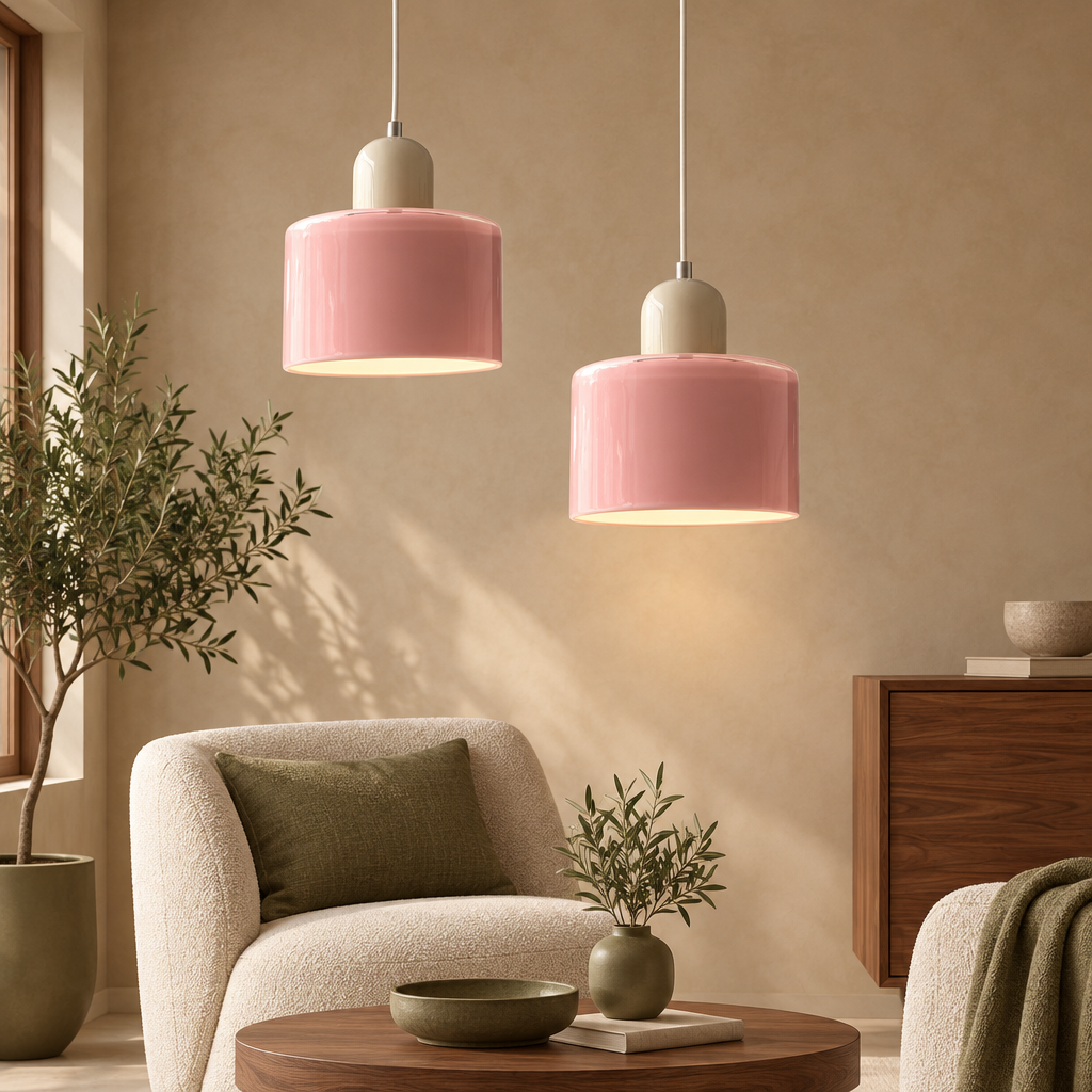 Blush pink glass pendant light with cream top