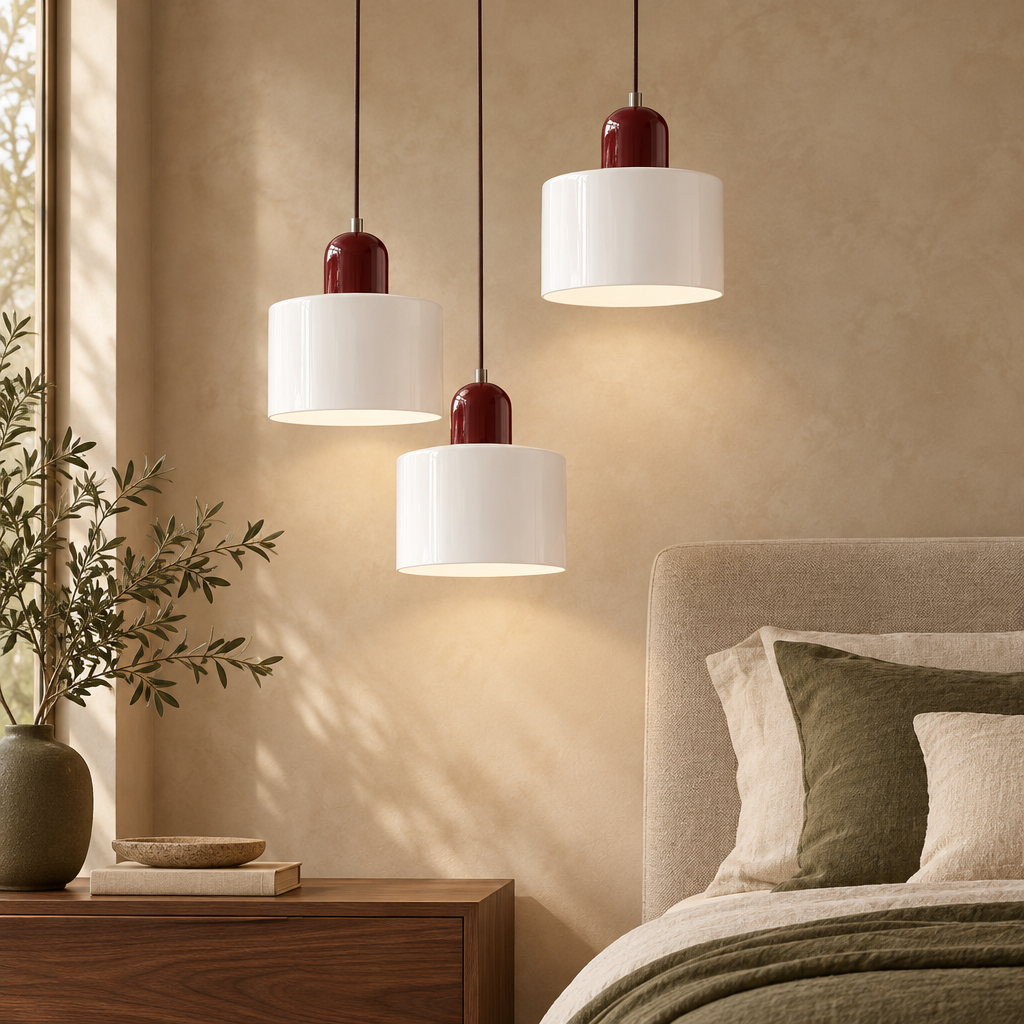 Opal white glass pendant light with burgundy top