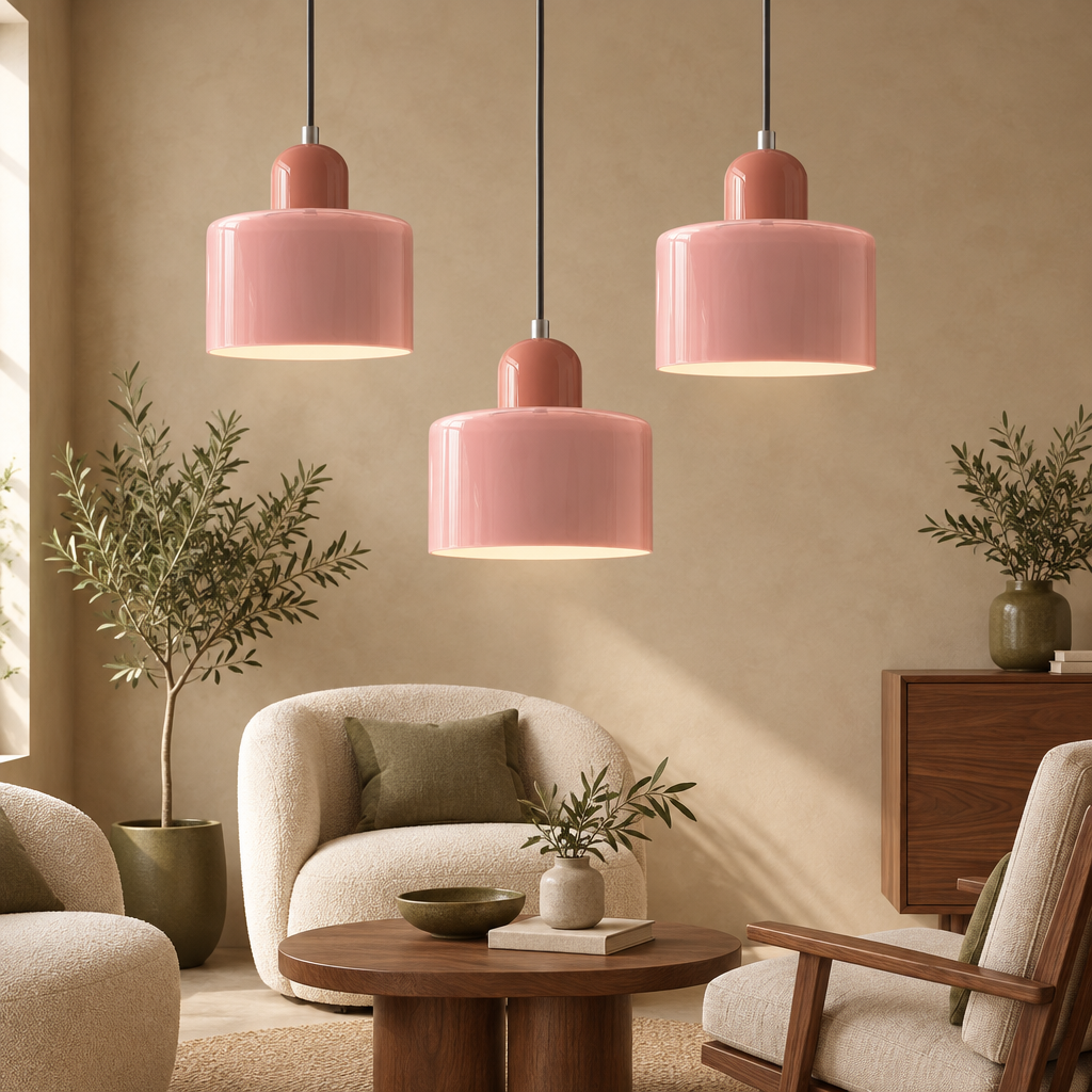Blush pink glass pendant light with coral top