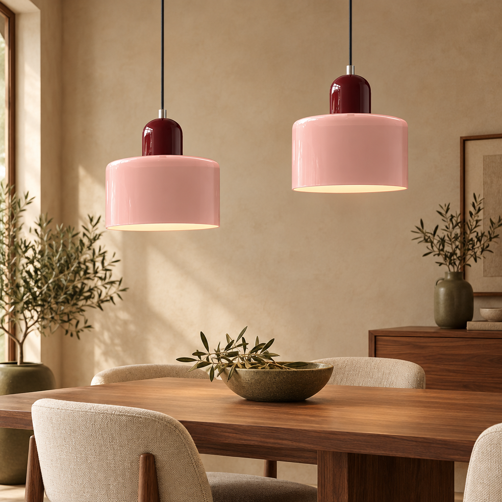 Blush pink glass pendant light with burgundy top