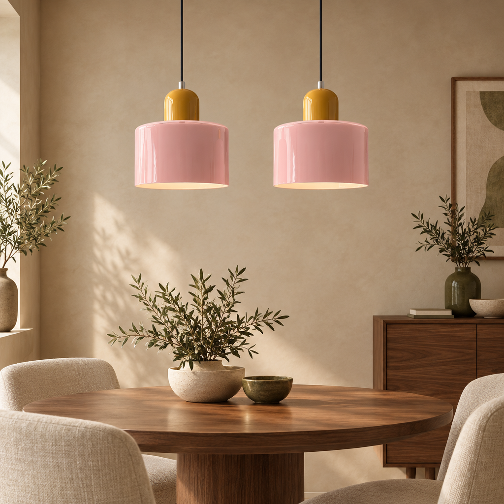 Blush pink glass pendant light with mustard top