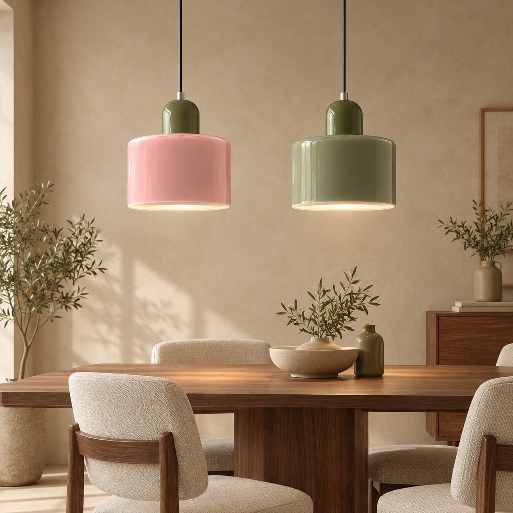 Blush pink glass pendant light with sage top