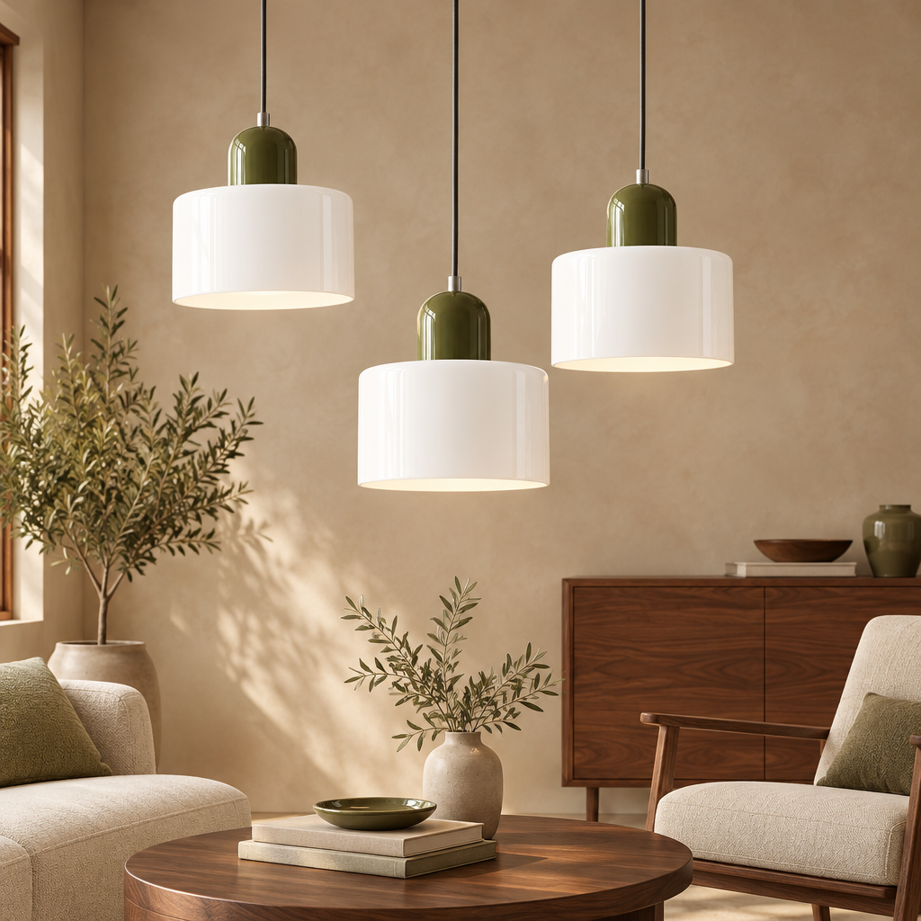 Opal white glass pendant light with sage top