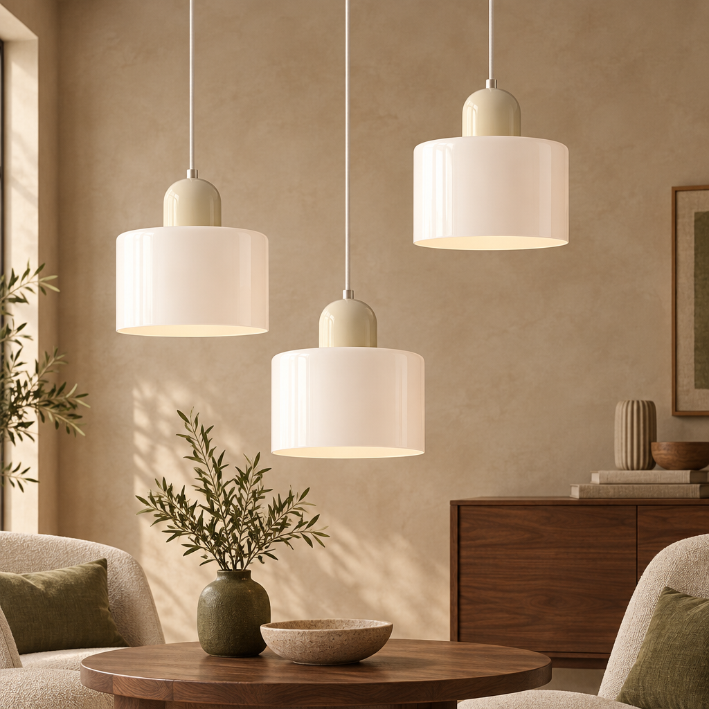 Opal white glass pendant light with cream top