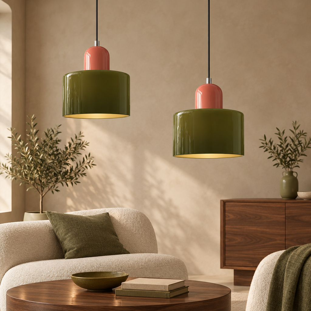 Olive glass pendant light with coral top