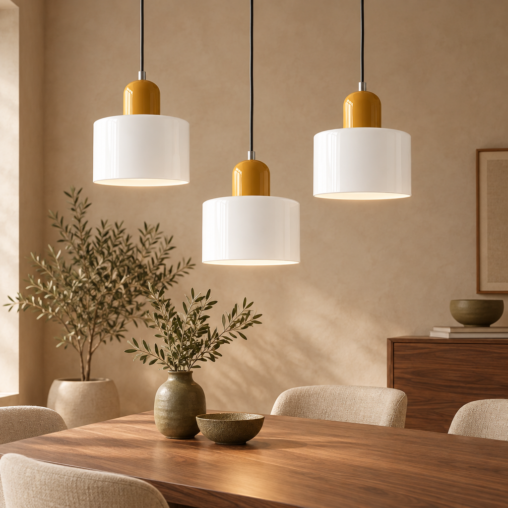Opal white glass pendant light with mustard top