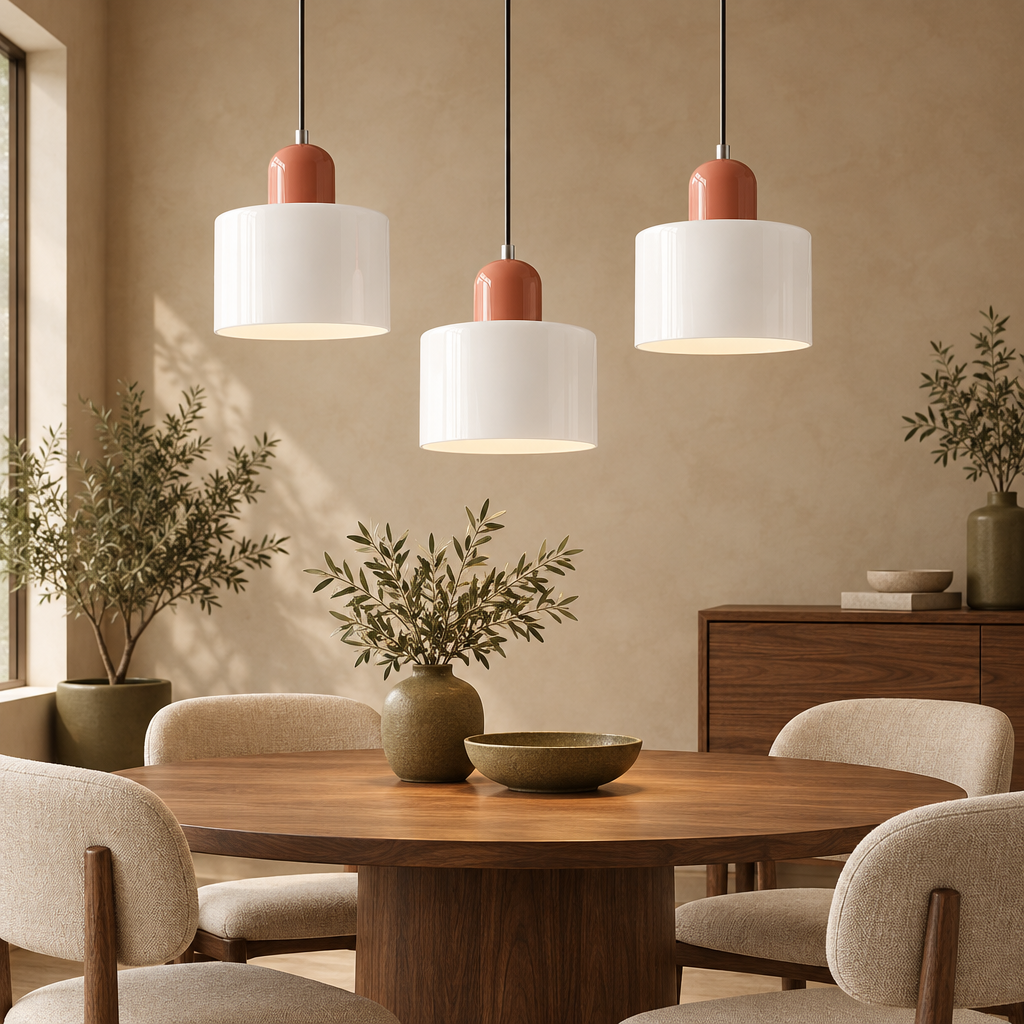 Opal white glass pendant light with coral top