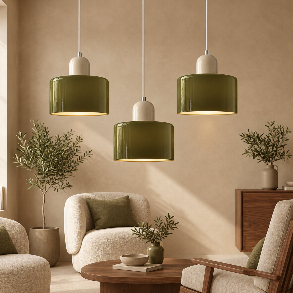 Olive glass pendant lights with cream tops