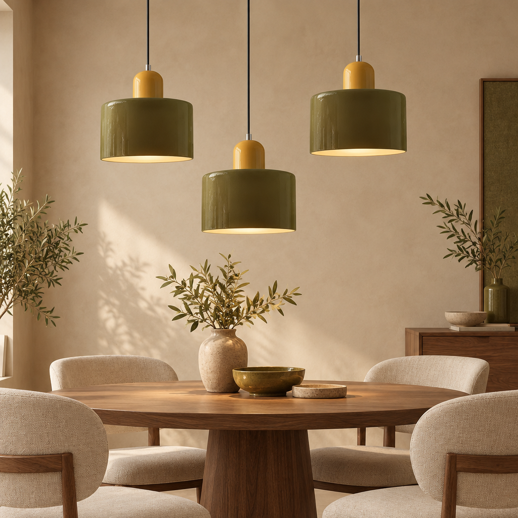 Olive glass pendant light with mustard top