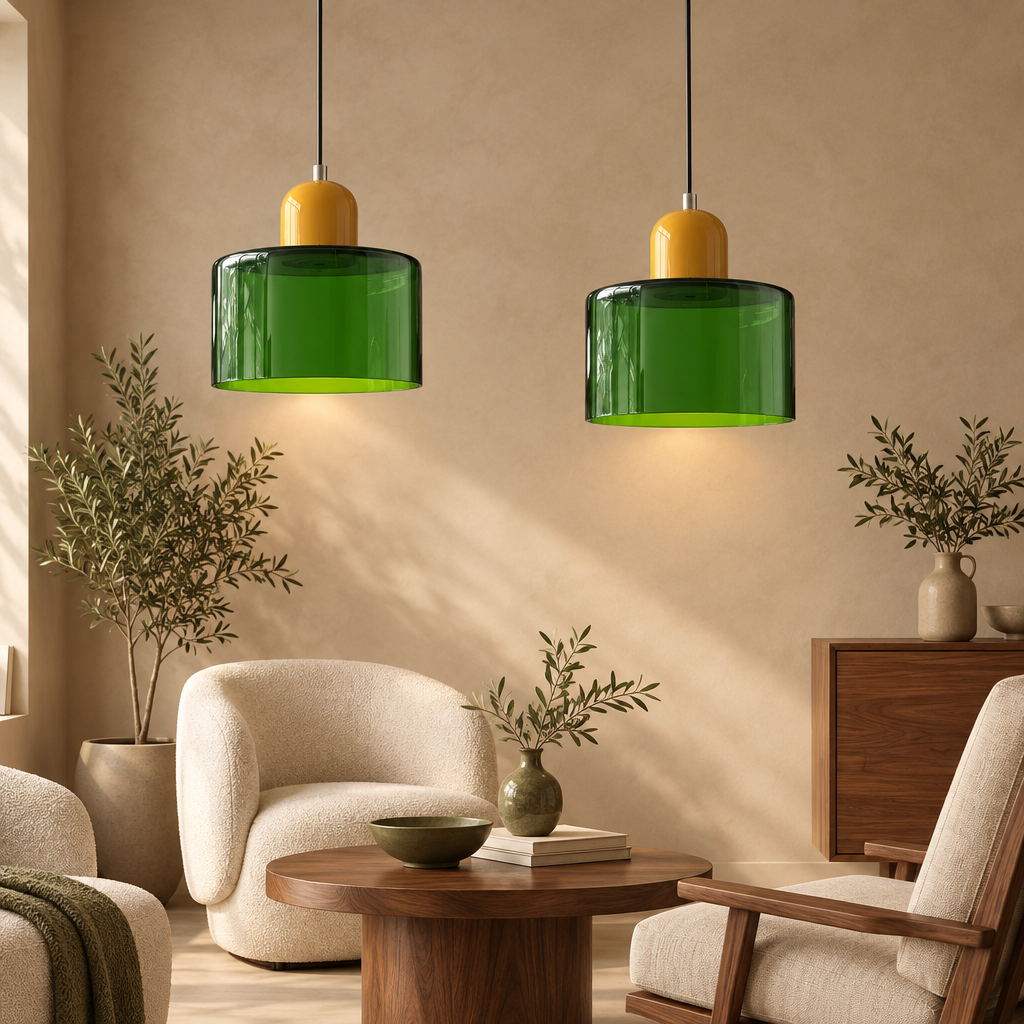 Forest green glass pendant light with mustard top