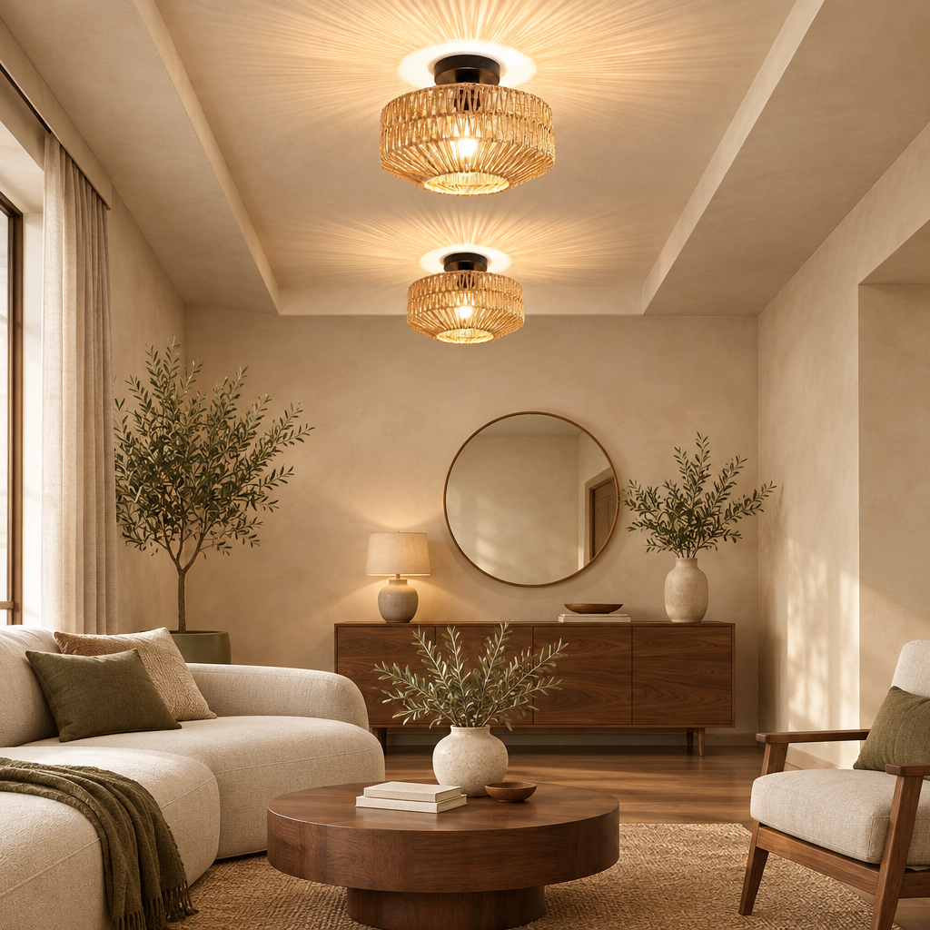 Two woven rope ceiling lights in a calm hallway