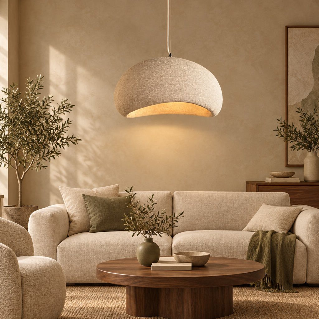 White wabi-sabi pebble pendant light glowing above a cream sofa