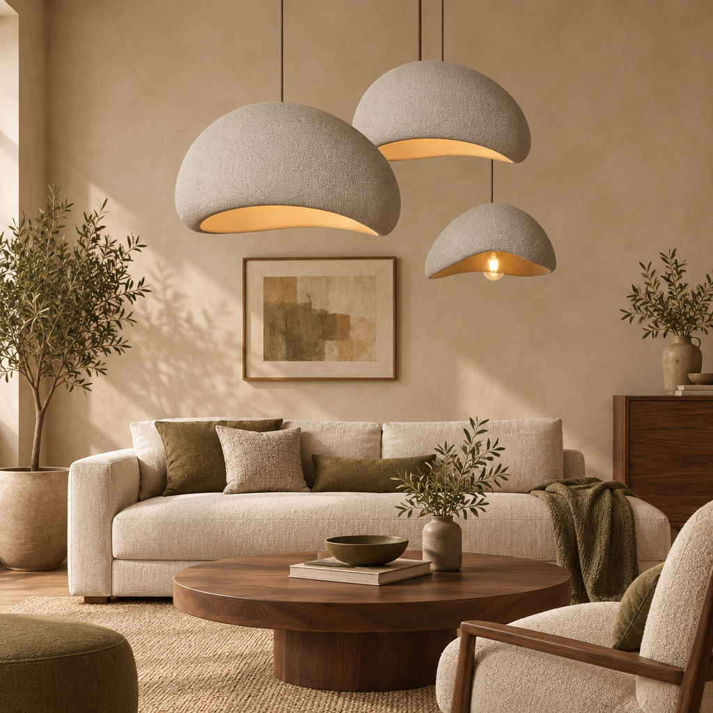 Three white wabi-sabi pebble pendant lights glowing above a linen sofa