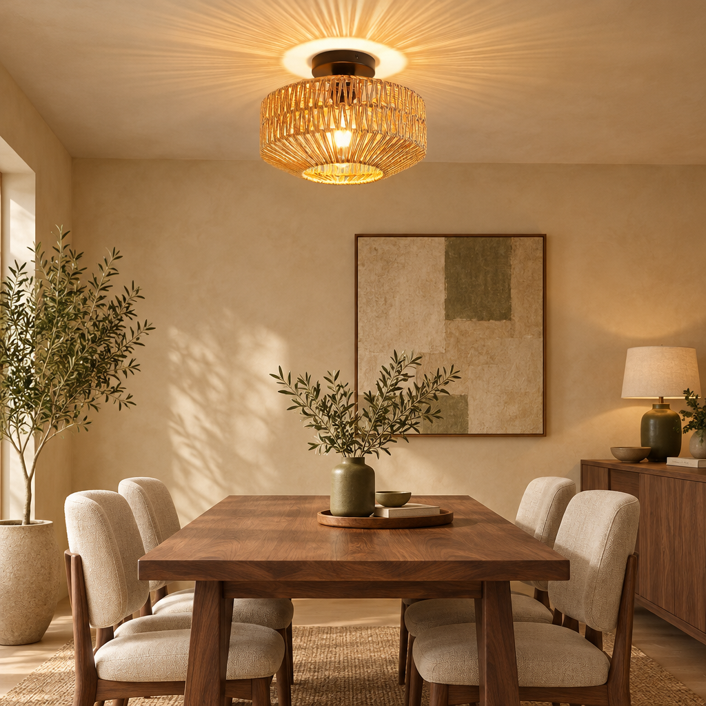 Woven rope ceiling light above a walnut dining table
