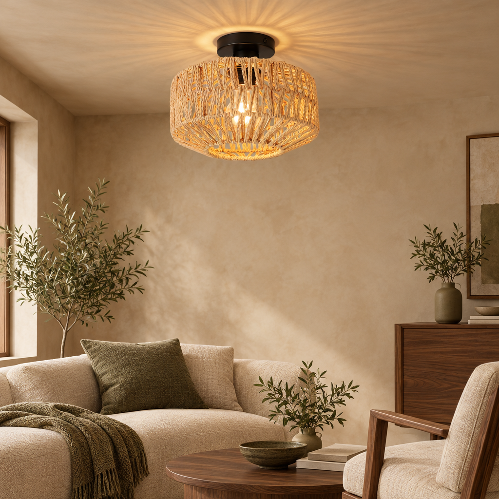 Woven rope ceiling light glowing in a warm living room