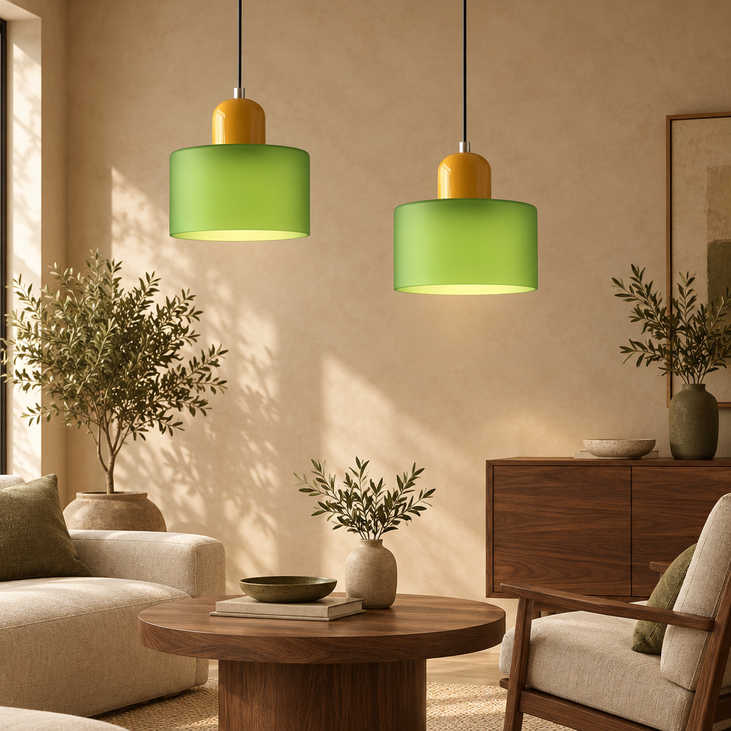 Lime green glass pendant light with mustard top
