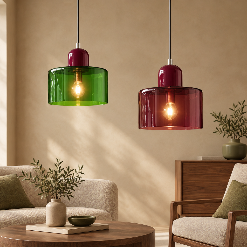 Forest green glass pendant light with burgundy top