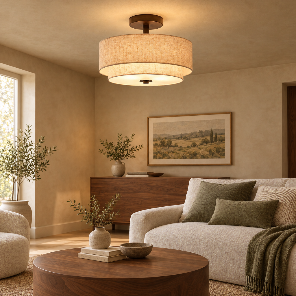 Double drum linen ceiling light in a calm bedroom