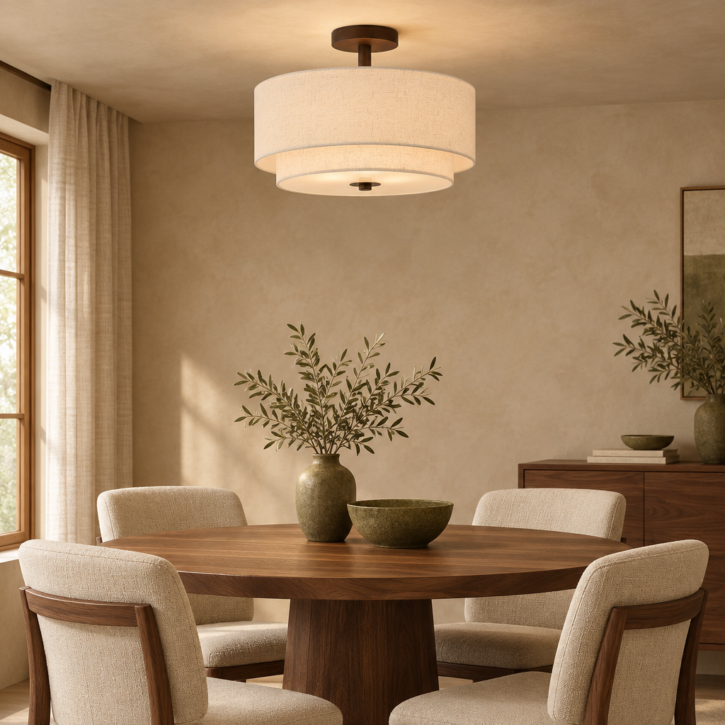 Double drum linen ceiling light with black canopy