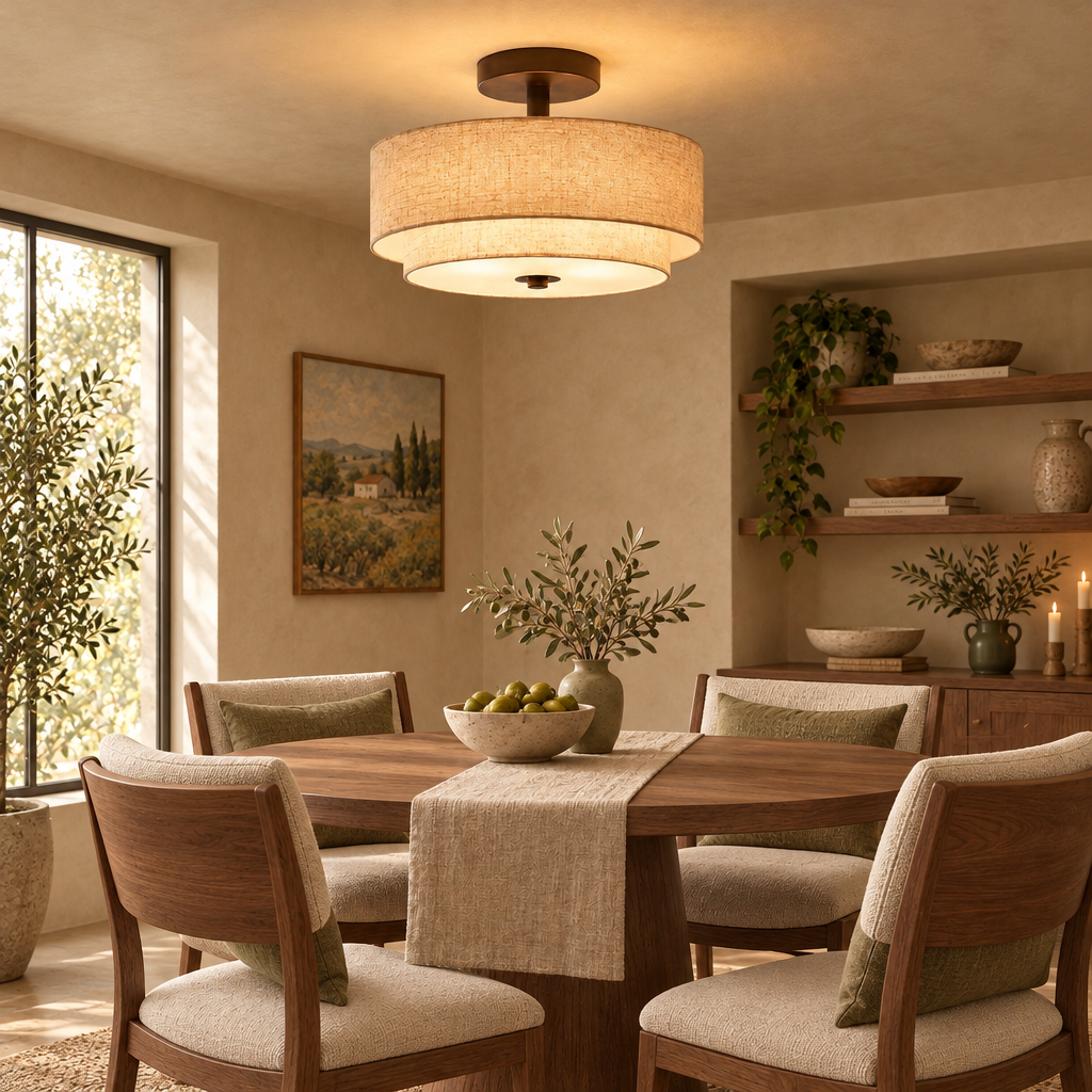 Double drum linen ceiling light above a dining table