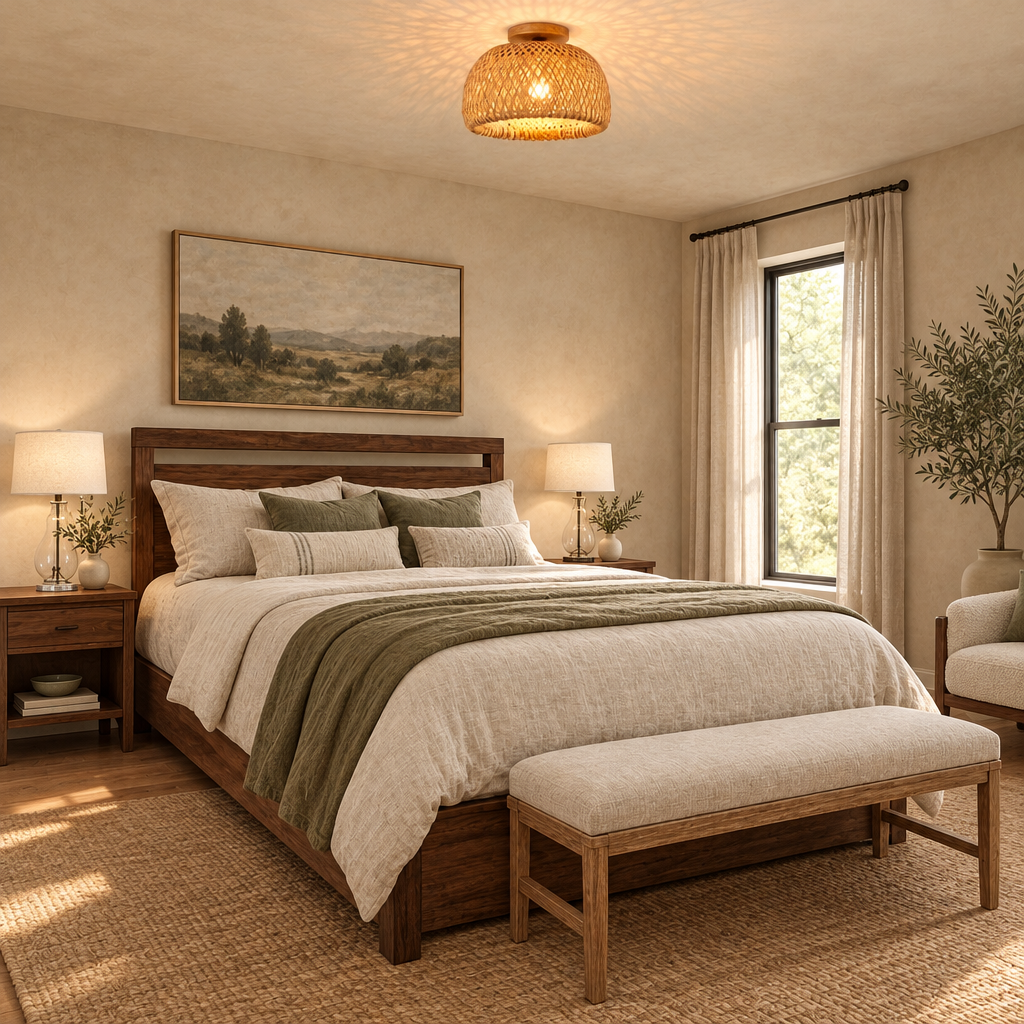 Woven bamboo dome ceiling light glowing in a calm bedroom
