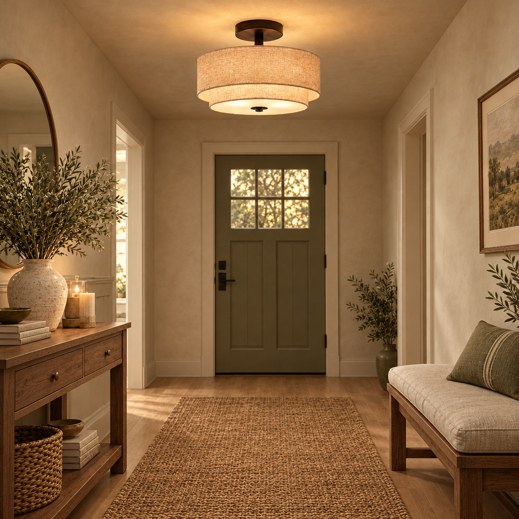 Double drum linen ceiling light in a warm entrance hallway