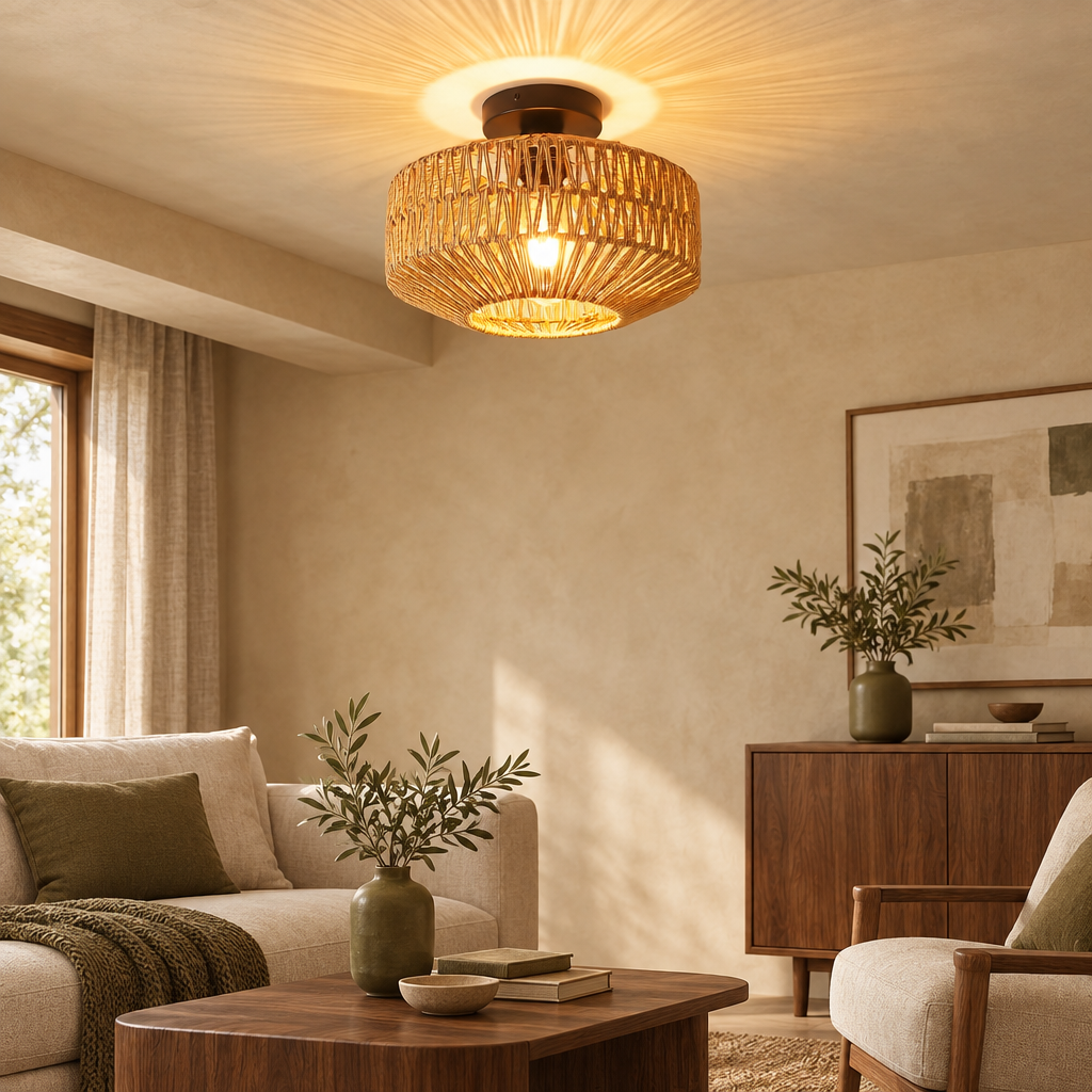 Woven rope ceiling light in a warm entrance hall