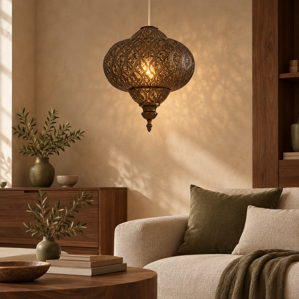 Bronze Moroccan fretwork ceiling shade in a calm living room
