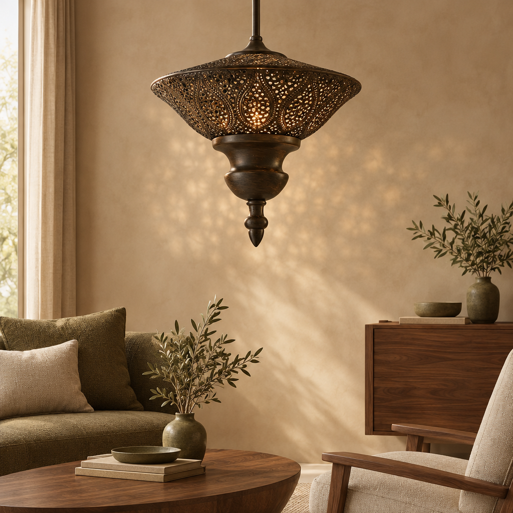 Close-up of the bronze Moroccan fretwork shade