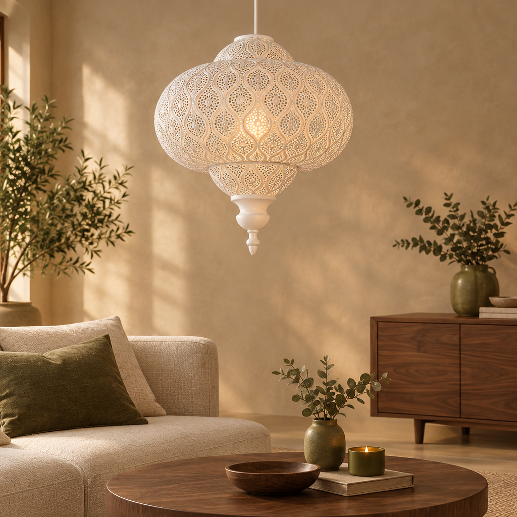 White Moroccan fretwork ceiling shade in a warm room