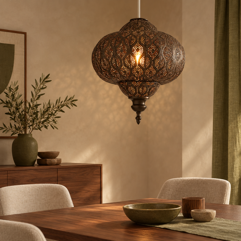Bronze Moroccan fretwork ceiling shade glowing in a warm room